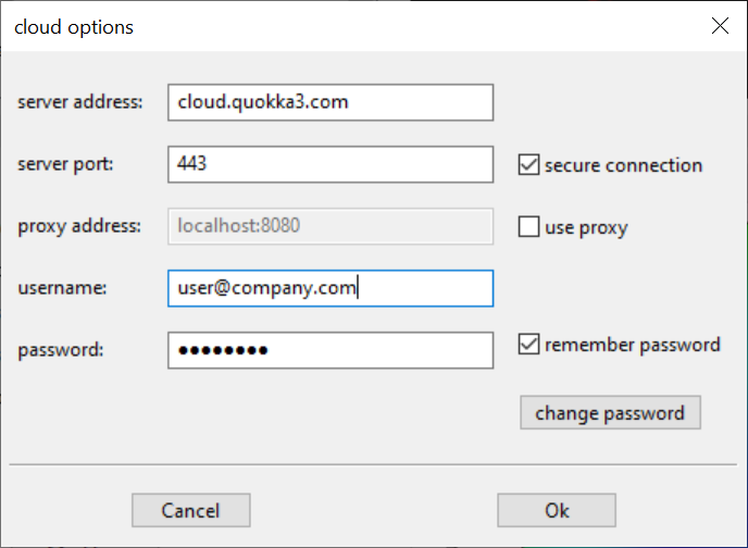 cloud settings dialog showing default values